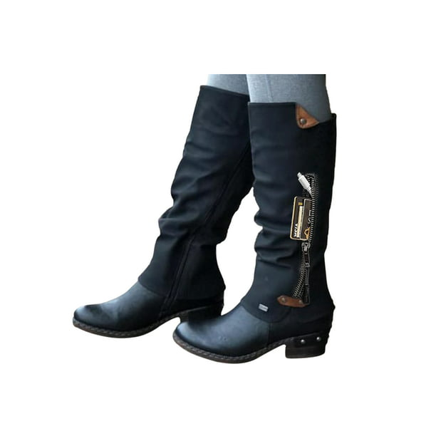 Details about   Fashion Women Round Toe Mid Calf Boots Black Thick High Heel Shoes Front Zipper 